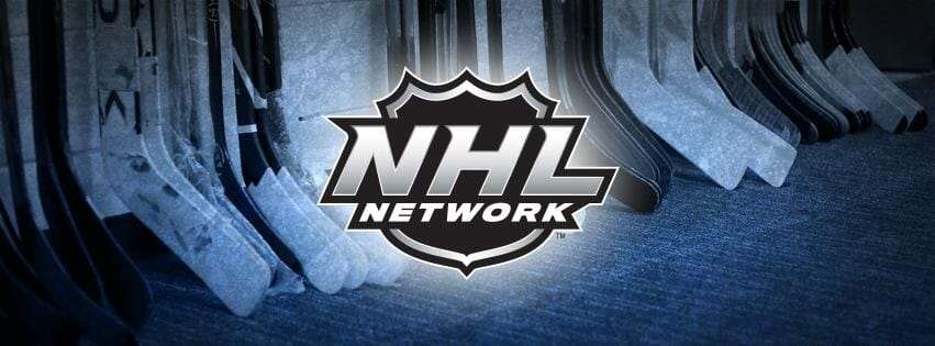 The NHL Network logo in front of hockey sticks