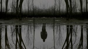 A shadowy figure standing in front of a pond