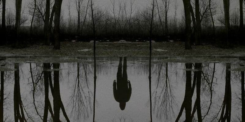 A shadowy figure standing in front of a pond